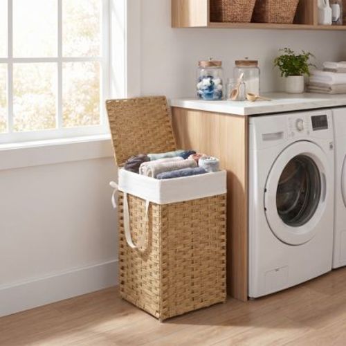 LEDREM 65 L Laundry Basket, Foldable Synthetic Rattan Storage Basket with Lid and Handles, Removable Liners, Laundry Room, Yellow and White