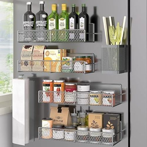 Magnetic Spice Rack for Refrigerator, 6 Pack 100% Metal Strong Magnet Shelf, Space Saving Spice Organizer, Home Kitchen Laundry Room Storage Organization W/ Paper Towel Holder, Utensils Racks (Grey)