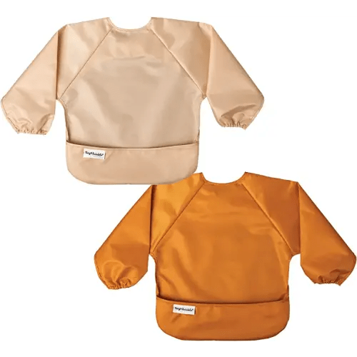 Tiny Twinkle Mess Proof Baby Bib, 2 Pack Long Sleeve Bib Outfit, Waterproof Bibs for Toddlers, Machine Washable, Tug Proof (Sand Cinnamon, Small 6-24 Months)