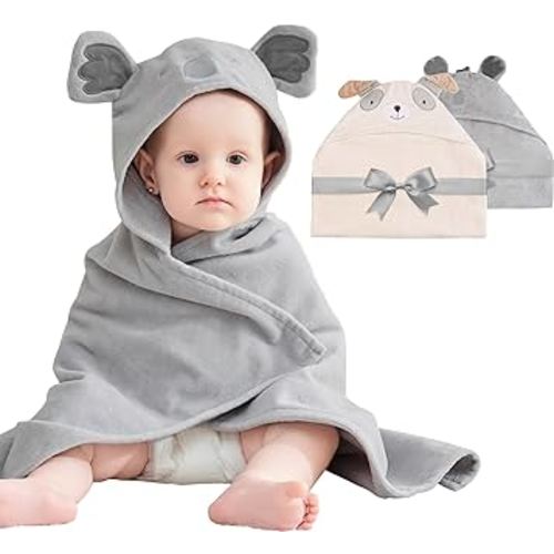 Mooreeke 2 Pack Baby Hooded Towel with Unique Animal Design Cotton Bath Towel for Babies Ultra Soft Absorbent Baby Washcloths for Newborn Essentials (Puppy & Koala)