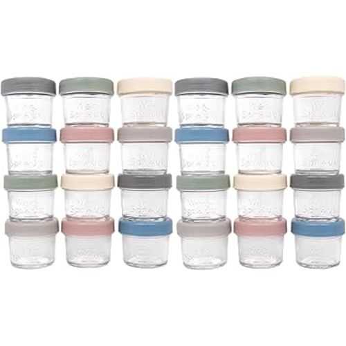 WeeSprout Baby Food Storage Glass Jars w/Lids (4 oz, 24 Pack) Matte Variety, Snack, Reusable Small Containers, Fridge or Freezer, Microwave & Dishwasher Safe, Essentials for Infants