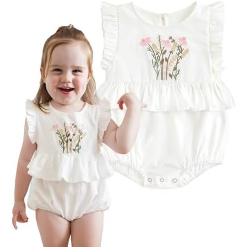 Simplee kids Newborn Infant Rompers Baby Girls Summer Ruffle Sleeveless Embroidery Bodysuit Outfits