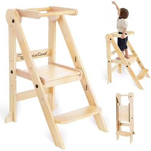 Foldable Toddler Tower, 3 Adjustable Height Toddler Standing Tower, Wooden Kids Kitchen Stool Helper with Safety Rails, Space Saving Kids Step Stool - Ages 18 Months to 6 Years