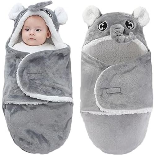 Winmany Baby Hooded Fleece Swaddle Blanket Newborn Fannel Cartoon Receiving Blanket Soft Plush Sleeping Bag Sack Stroller Wrap for Infants Girl Boy 0-6Months (Grey Elephant, 0-3Month)