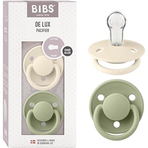 BIBS Pacifiers - De Lux Collection | BPA-Free Baby Pacifier | Made in Denmark | Set of 2 Ivory/Sage Color Premium Soothers | Size One Size