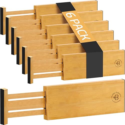 6 Pack Drawer Dividers 6 Inch High, 11”-17" Adjustable Bamboo Organizers Large Expandable Drawer Separators for Cloths, Dresser, Bedroom, Bathroom, Baby Drawer, Office & Kitchen Utensils (Natural)