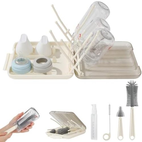 6 in 1 Baby Bottle Brush Set,Bottle Cleaner Brush Kit with Silicone Bottle Brush,Drying Rack,Nipple Brush,Straw Brush,Soap Dispenser&Storage Box,Portable Baby Essentials for Home&Travel