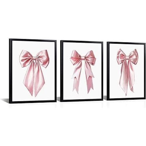 WELMECO Bow Wall Decor Bow Picture Canvas Wall Art Girls Bedroom Bathroom Decor, Arwork with Black Frame, 12x16inchx3 Pieces (Pink)