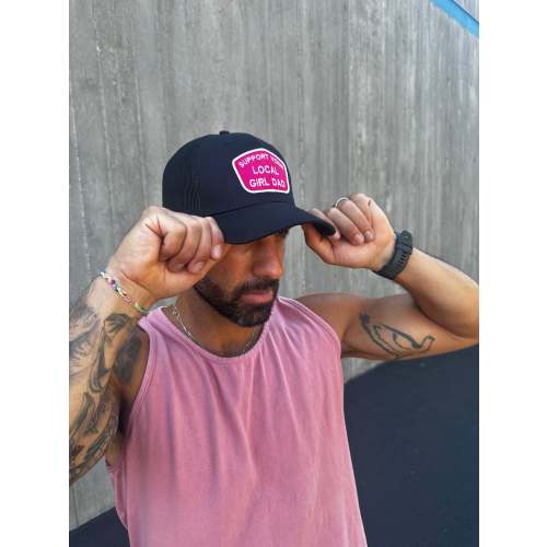 Support Your Local Girl Dad CURVED Bill Patch Hat (Solid Black/Pink Patch)