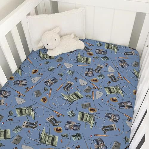 Fishing Baby Crib Sheets 52''x28'' Fishing Lovers Gift Snug Fitted Crib Mattress Sheet for Boy Girl Fishing Nursery Bedding Decor Soft Baby Crib Sheets for for Standard Crib and Toddler Mattresses