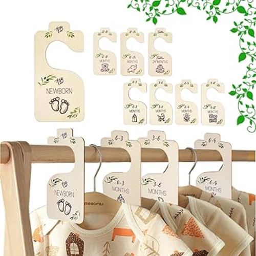 Baby Closet Dividers Wooden 8 pcs for Clothes Organizer, Green Plant Pattern Double Sided for Newborn to 24 Months Size Cloths, Adorable Nursery Decor Hanger Dividers, for Baby Born New Mom