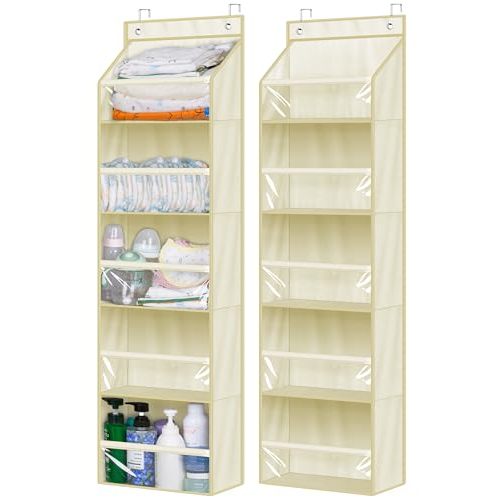 AOODA 2 Pack Over the Door Organizer, Large Capacity Closet Door Hanging Organizer, Clear Deep Pockets Baby Storage for Nursery, Bathroom, Bedroom, Pantry, Diapers (Light Yellow)