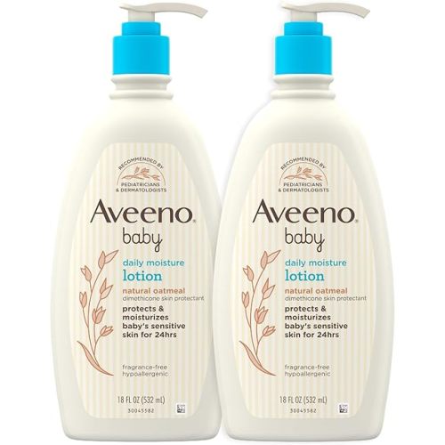 AVEENO BABY Daily Moisture Body Lotion for Delicate Skin, Natural Colloidal Oatmeal & Dimethicone, Hypoallergenic Moisturizing Lotion, Fragrance- & Paraben-Free, Twin Pack, 2 x 18 fl. oz