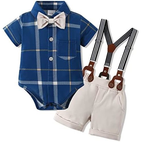 WESIDOM Baby Boy Clothes Suit 0-24 Months Gentleman Outfits, Short Sleeve Dress Romper+Bowtie+Detachable Suspender Shorts Set