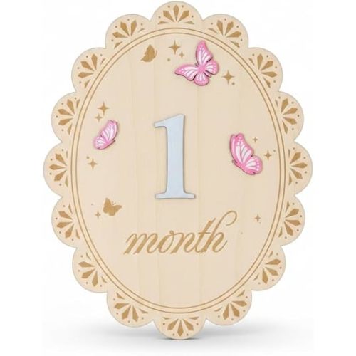 Wooden Baby Monthly Milestone Signs for Girls, 1-12 Month 3D Pink Butterfly Newborn Photography Props, Double Sided Scalloped Oval Milestone Markers, Baby Month Signs for Photoshoot Birth Announcement