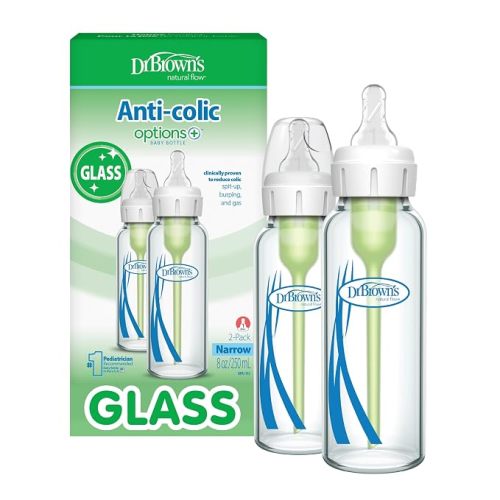 Dr. Brown's Anti-Colic Options+ Narrow Glass Baby Bottle with Level 1 Slow Flow Nipple, BPA-Free, 4 oz/120mL, 0m+, 2-Pack (Packaging May Vary)