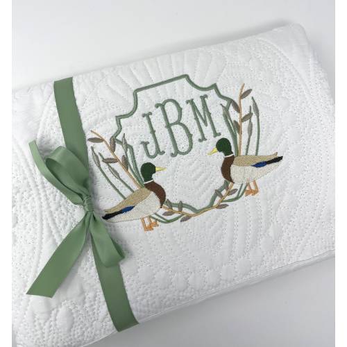 Embroidered Heirloom Baby Quilt with Mallard Duck Design, Personalized Baby Gift, Monogrammed Baby Blanket, Newborn Keepsake