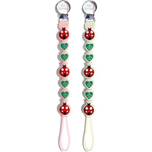 2 Pack Silicone Pacifier Clips for Baby Boys – Food Grade One-Piece Strap with Cord & Stainless Clip – Teether Holder for Baby – Cute Ladybug & Leaf Design – BPA-Free(Beige+Pink)