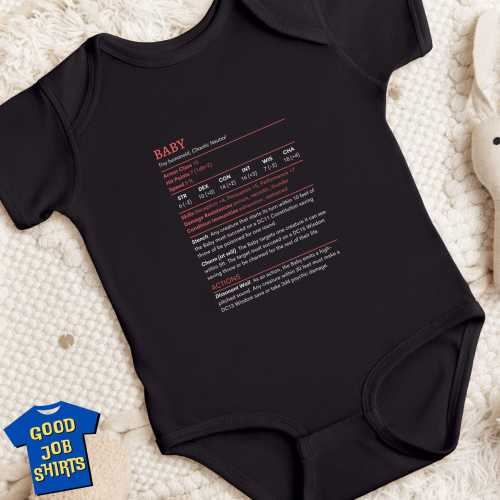 DnD Baby Gift: Baby Stat Block Bodysuit, 100% Cotton, Black, White, Newborn to 24 Months