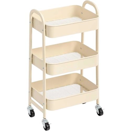 AGTEK 3 Tier Utility Rolling Cart with Lockable Wheels, Metal Multifunctional Storage, Organizer Cart for Kitchen, Office, Living Room, Makeup, Craft, Art Studio, Beige