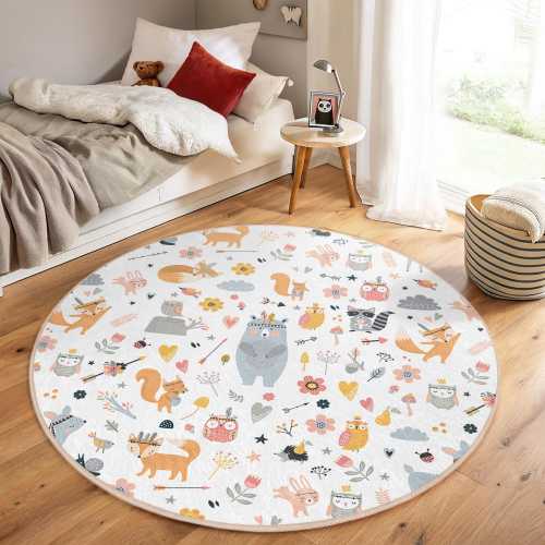 Woodland Animals Kid's Room Round Rug - Forest Friends Circle Carpet - Cute Creatures Oval Mat-White Nursery Decor - Non-Slip Kid's Room Rug