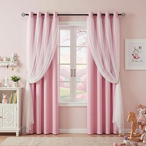 MYSKY HOME Light Pink Blackout Curtains for Girls Bedroom 84 Inches Long with Polka Dots Sheer Overlay Baby Pink Nursery Kids Room Drapes, Grommet Tops, 52" Wide, 2 Panels