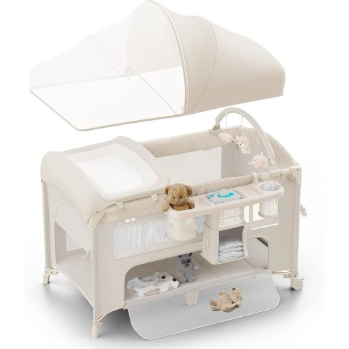 4 in 1 Baby Bassinet, Pack and Play, Bedside Crib Sleeper, Diaper Changer - Comes with Mattress, Mosquito Net, Bottom Storage and Toy Bar for Newborn to Toddles