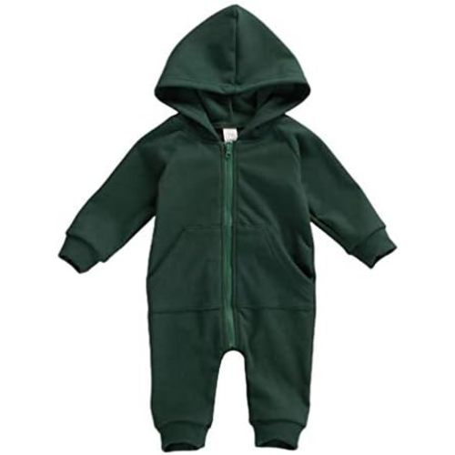 Infant Baby Boys Girls Zipper Warm Hooded Romper Jumpsuit Solid Long Sleeve Bodysuit Outfit Fall Winter Clothes