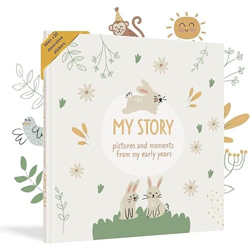 Baby Book Keepsake to Paste Photos and Writing with +50 Pages and Stickers - Baby Memory Book from the First Year to 5th - Ideal for Newborn Gifts, Baby Shower Gifts and Gender Reveal Gifts