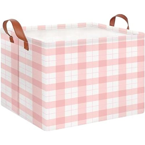 CLOCOR Rectangular Storage Basket,Collapsible Cute Pattern Storage Bin,Waterproof Books Box with Handles,Gift Basket(Pink Grid)