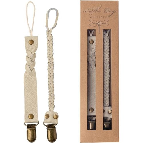 Little Bug Boutique 2-Pack Leather Baby Pacifier Clips - Neutral Pacifier Holders for Baby Girls & Boys, Paci & Binky Clips or Strap for Toys & Teethers (Light Cream), Pacifier NOT Included
