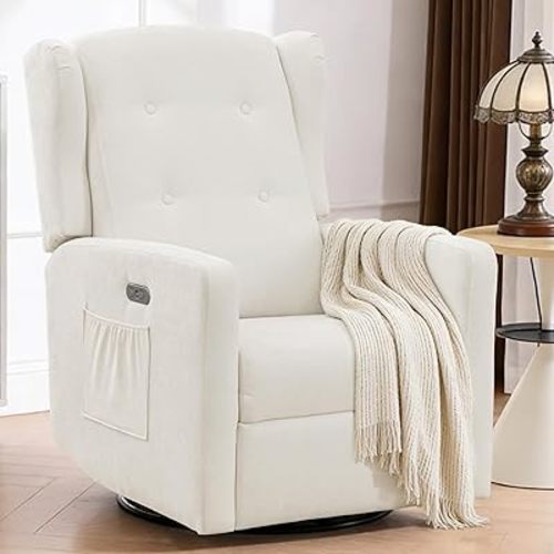Swivel Rocker Power Recliner Chair for Nursery, 270° Swivel Glider Recliner with USB & Type-C Charging, Electric Reclining Chair with Storage Pockets, Upholstered Recliner for Living Room(Cream)