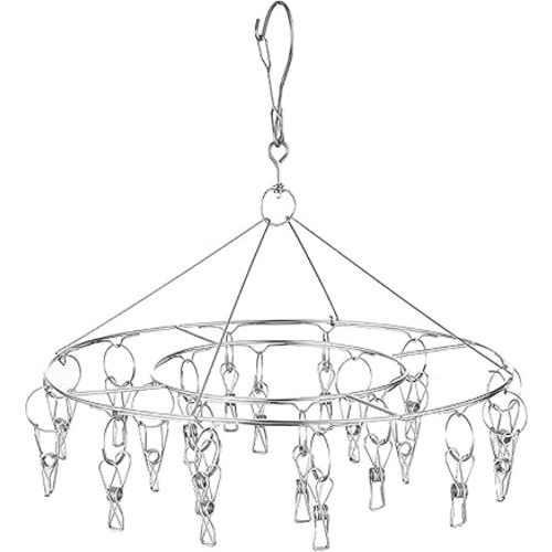 Stainless Steel Round Hanging Drying Rack with 20 Clips for Drying Socks, Baby Clothes, Bras, Towel, Underwear, Hat, Scarf, Pants, Gloves