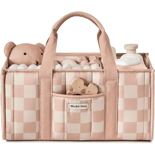 Blissful Diary Checkered Diaper Caddy Organizer, Stylish Nursery Storage Basket, Gift for Baby Shower, Newborn Essentials, Registry Search Must Haves, Pink