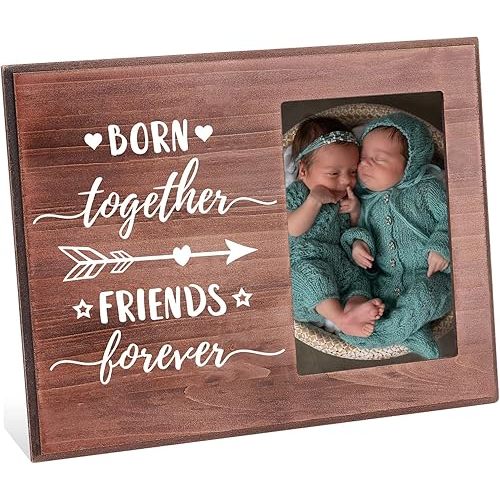 FINGERINSPIRE Born Together Friends Forever Picture Frame 4x6 inch Twin Baby Photo Frame with Heart & Arrow Patterns Hanging/Tabletop Wooden Picture Frame Twin Gift Frame for New Baby Nursery Decor