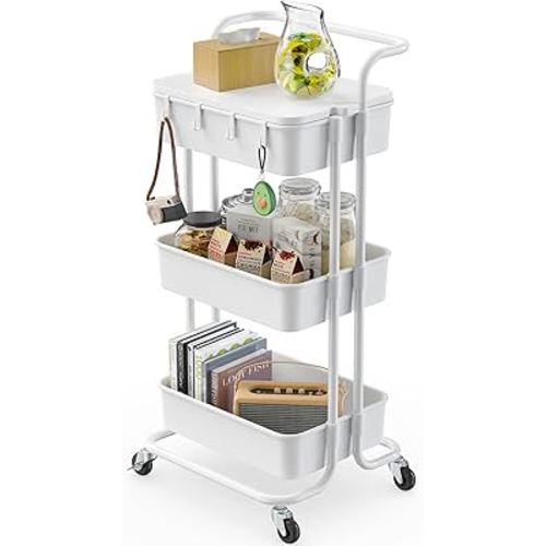 Pipishell 3 Tier Rolling Cart with Table Top, Utility Cart with Wheels & 4 Hooks, Rolling Storage Cart for Home Storage and Organization, White, PIUC09W