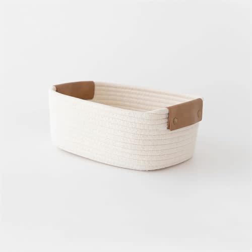 Small Cotton Woven Basket with PU Leather Handle