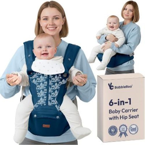 BabbleRoo Baby Carrier for Newborn to Toddler with Hip Seat and Lumbar Support, Ergonomic & Adjustable with Sunshade 6 in 1, Denim Leaves