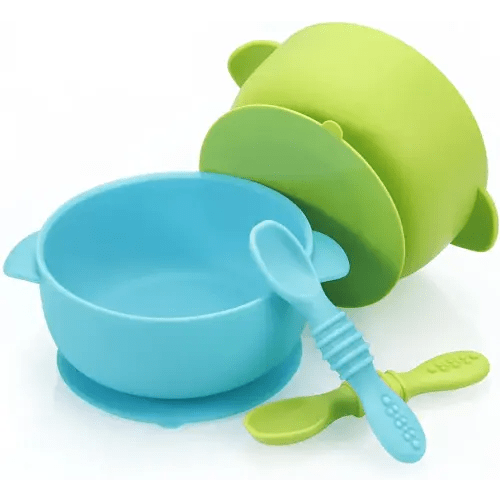 PandaEar Set of 2 Silicone Stay Put Suction Bowls | Large Cup Base| Food Grade Soft Safe BPA-Free Silicone | Babies Toddlers Infants | (Blue & Green)