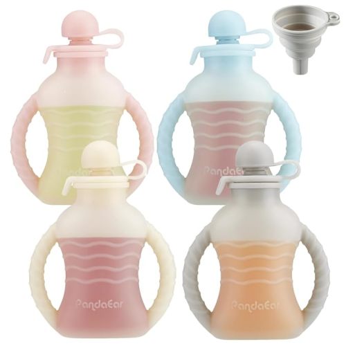 PandaEar 4 Pack Reusable Baby Food Pouches with Double Handles, Silicone Portable Pouches for Toddlers, Refillable 4oz Food Storage Bags for Puree, Yogurt, Smoothies - Includes Collapsible Funnel