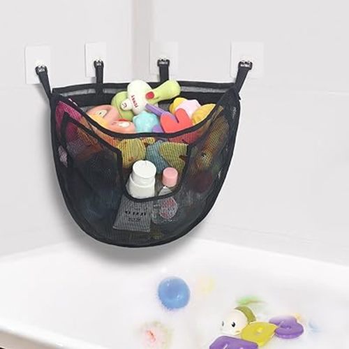 Bath Toy Storage, Large Capacity Bath Toy Holder with Buttom Zipper, Quick Release Bathtub Toy Storage with Large Pocket, Corner Mesh Bath Toy Organizer Basket Bin for Bathroom Toys - Black