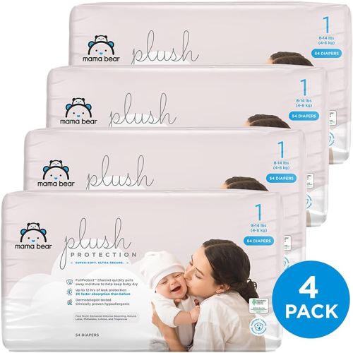 Amazon Brand - Mama Bear Plush Protection Diapers - Size 1, One Month Supply, Hypoallergenic Premium Disposable Baby Diapers, 216 Count (Pack of 4), White and Cloud Dreams