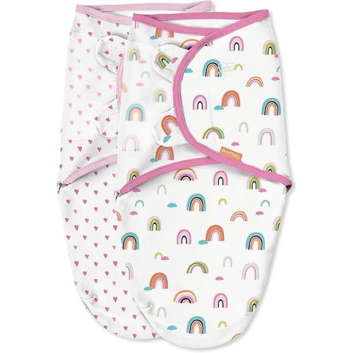SwaddleMe Original Organic Swaddle 2-pk, 100% Organic Cotton Adjustable Baby Wrap, Small (0-3 Months, 7-14 lbs, up to 26"), Chasing Rainbows