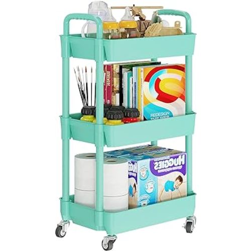 Laiensia 3-Tier Rolling Cart with Wheels,Multifunction Utility Storage Carts, Kitchen Storage Organizer,Mobile Shelving Unit for Bathroom,Laundry,with Classified Stickers,Green