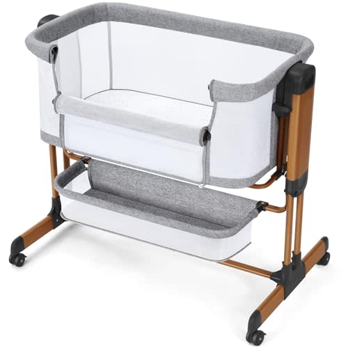 Ezebaby 3-in-1 Baby Bassinet, Rocking Baby Bassinets Bedside Sleeper, Adjustable Portable Crib for Newborn Infant with Wheels Storage Basket and Mesh Sides