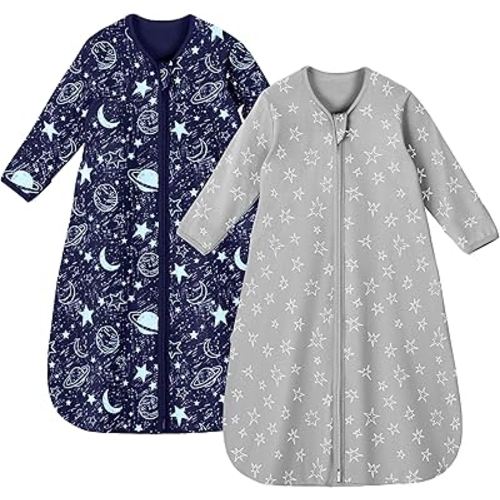 Baby Sleep Sack 0-6 Months 100% Cotton Long Sleeve Wearable Blanket Baby Sleep Bag with 2-Way Zipper 2 Pack 0.5 Tog Sleeping Sack for Newborn Infant Blue Grey Planet