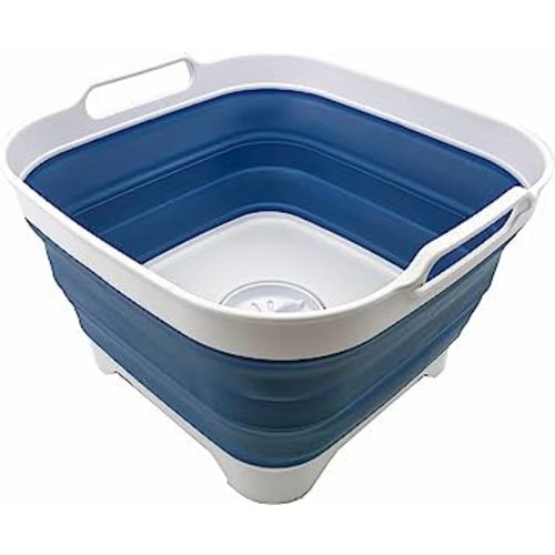 SAMMART 10L (2.64 gallon) Collapsible Dishpan with Draining Plug - Foldable Washing Basin - Portable Dish Washing Tub - Space Saving Kitchen Storage Tray (White/Metalic Blue)