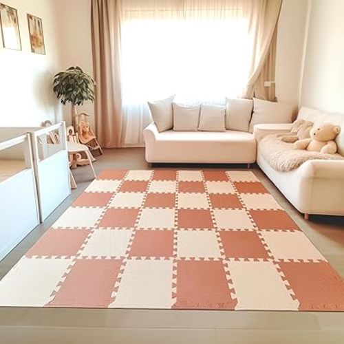 TCBunny Kids Soft EVA Foam Jigsaw Puzzle Play Mat, 18 Interlocking Tiles and Edges Baby Play Mat, for Kids Gym, Nursery, Playroom, Pet Mat, Total Floor Coverage 16 Sq Ft, Pink/Peach