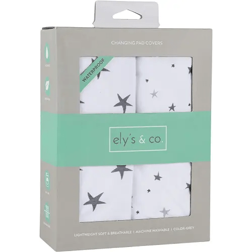 Ely’s & Co. Patent Pending Waterproof Changing Pad Cover|Cradle Sheet 2-Pack Set for Baby Boy - 100% Cotton, Jersey Knit Cotton Sheets with Waterproof Lining — Grey Stars