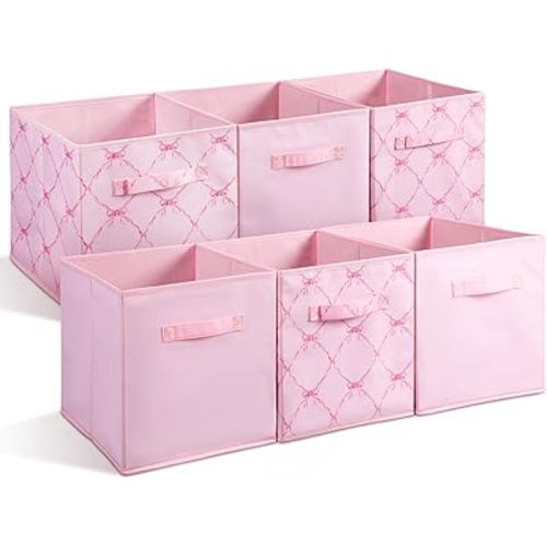 Geelin 6 Pcs Pink and Pink Bow Cube Storage Bins 11 Inch Storage Basket with Handle Preppy Girls Organizer Container Collapsible Fabric Box for Classroom Bedrooms Office Home Decoration Gift
